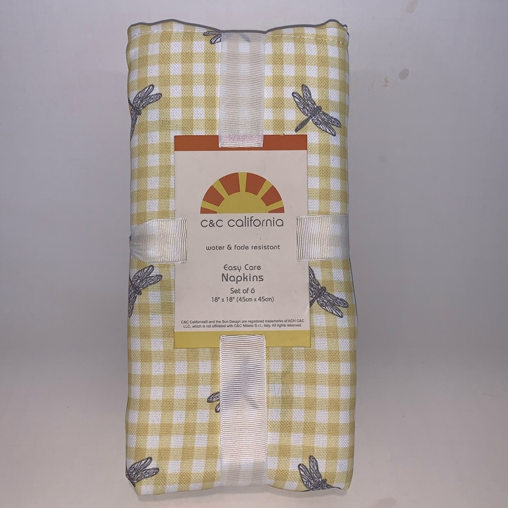 C&C Californ 6pk 18x18 Indoor Outdoor Dragonfly Gingham Napkins Yellow NEW